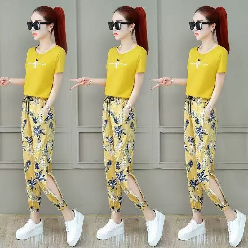 High-quality women's summer fashion pure cotton set: short-sleeved top + trousers---48