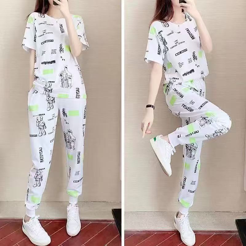 High-quality women's summer fashion pure cotton set: short-sleeved top + trousers---55