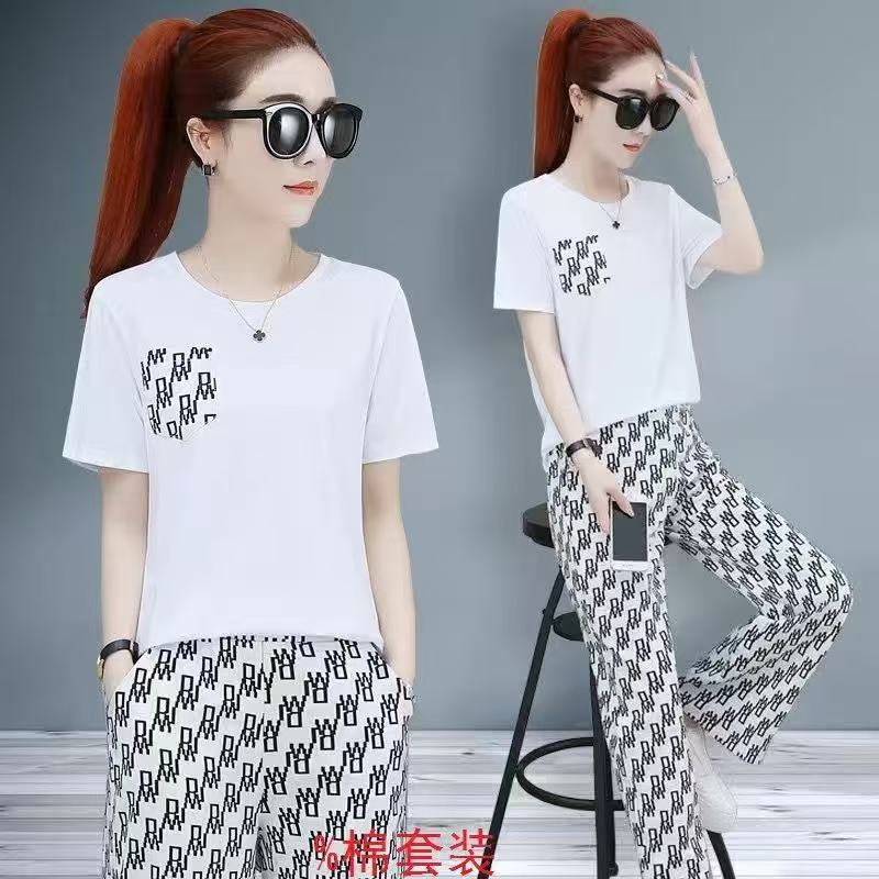 High-quality women's summer fashion pure cotton set: short-sleeved top + trousers---57